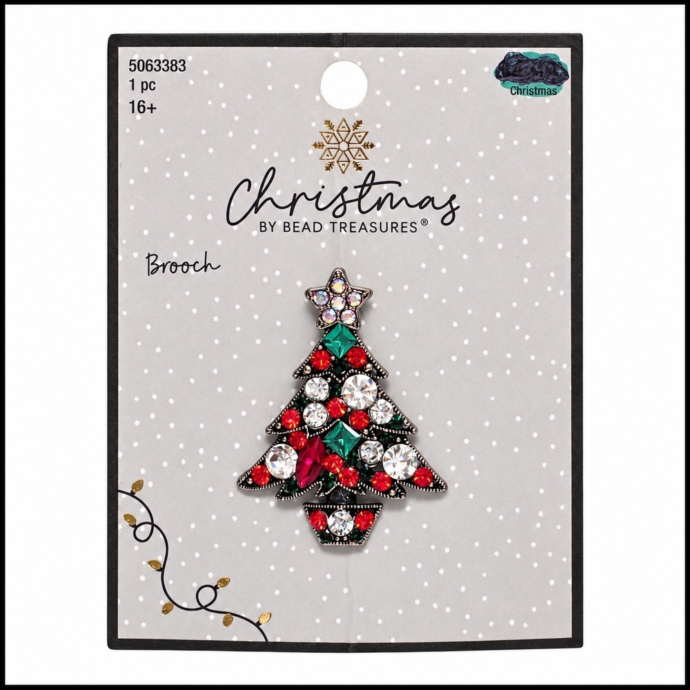 Bead Treasures Christmas Tree Brooch Rhinestone Silver Red Green Star 5063383